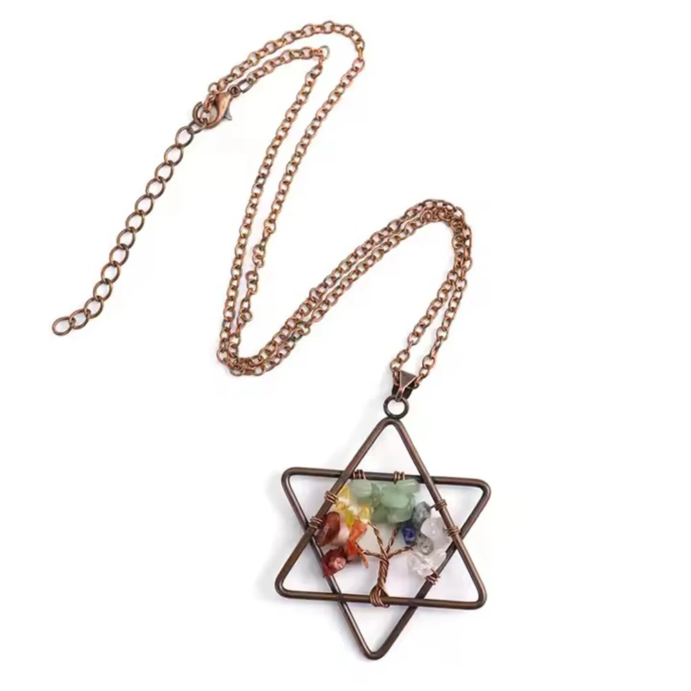 Hot Sale Winding Crystal Healing Stone Gravel Chakras Tree of Life Hexagram Pendant Necklace with Chain Fashion Gemstone Jewelry