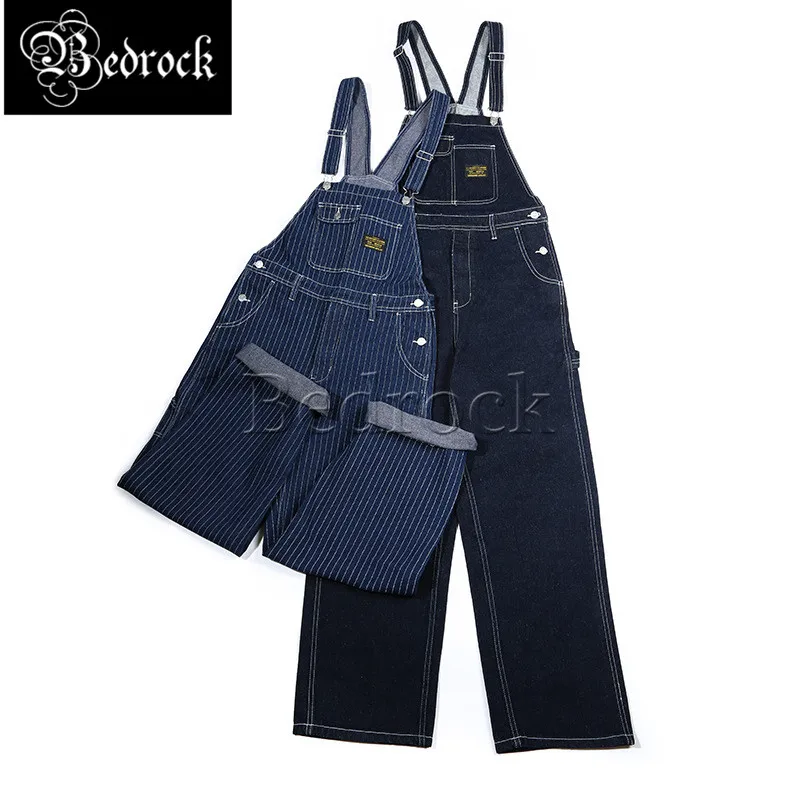 Vintage Overall For Men Striped Denim Jeans Suspender Pants Blue Worker Clothing Loose Wide Leg Cargo Pants