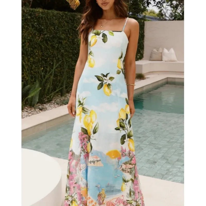 ฤดูร้อนชุดผู้หญิงแขนกุดสแควร์คอปรับสายรัดมะนาวพิมพ์กลับผูกโบว์เซ็กซี่ backless Cami ชุดยาว
