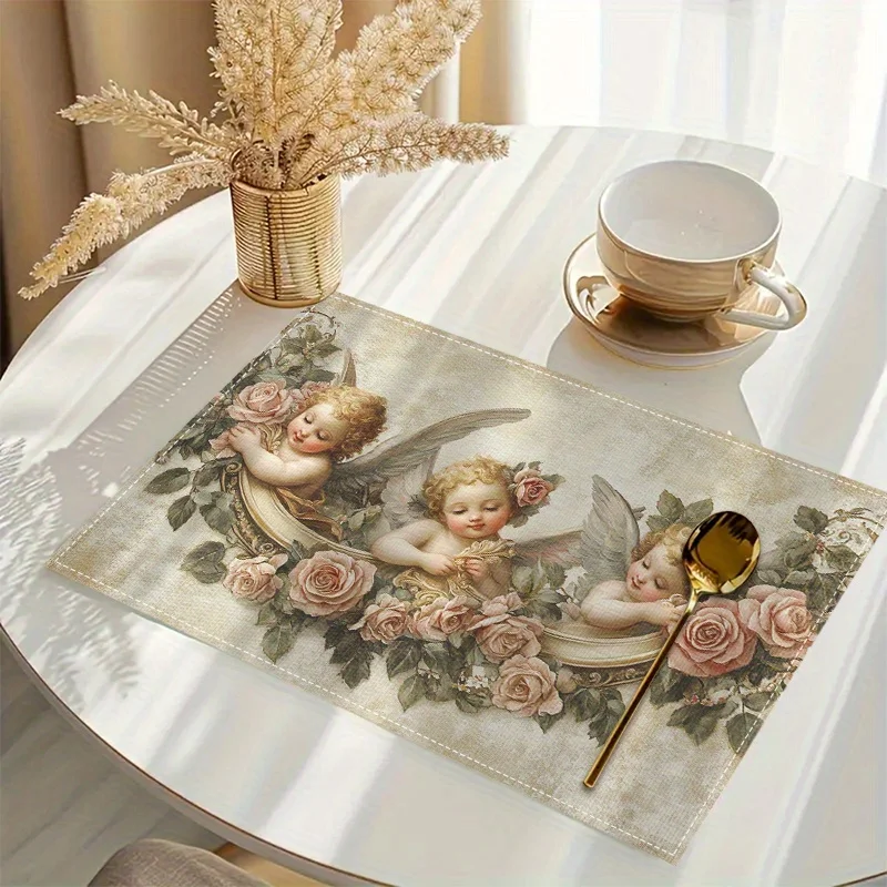 Napperons Vintage chérubin et Rose, tapis de Table rectangulaires avec décor d'anges dorés et de Roses roses, 1 pièce