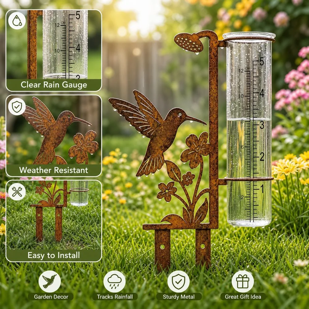 New Iron Bird Bath Feeder Removable Weather Resistant Rain Gauge Stake Decorative Bird Shape Bird Feeding Station Patio Decor