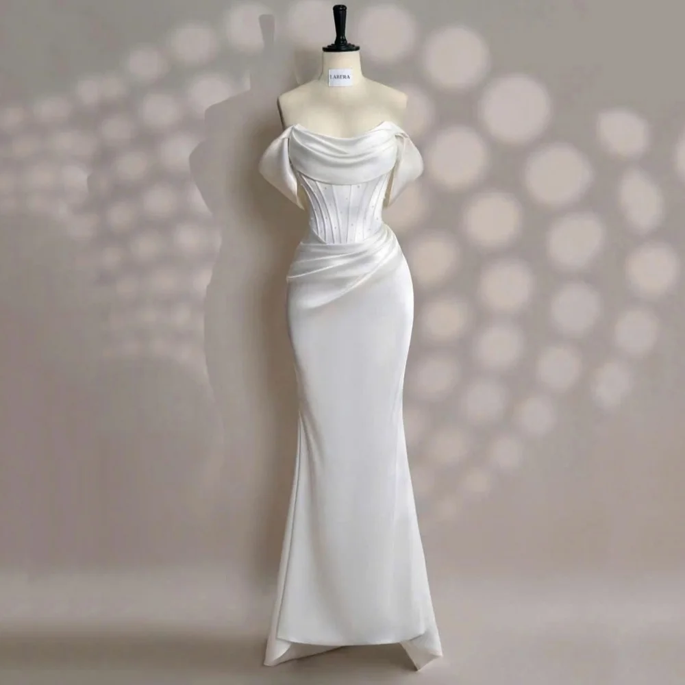 

Customized Wedding Dresses Satin Elegant Off Shoulder Lace Up Bride Robe Mermaid Pearls Simple Bridal Gowns Vestidos De Noiva