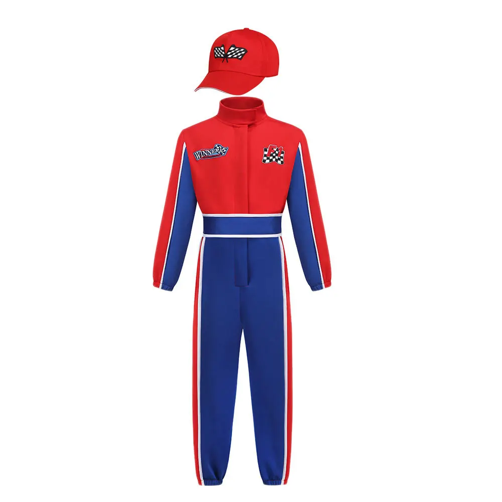 Traje de motorista de carro de corrida para crianças, Macacão com boné de carro, Vestir para o Halloween, Trajes Cosplay para meninos, Racer