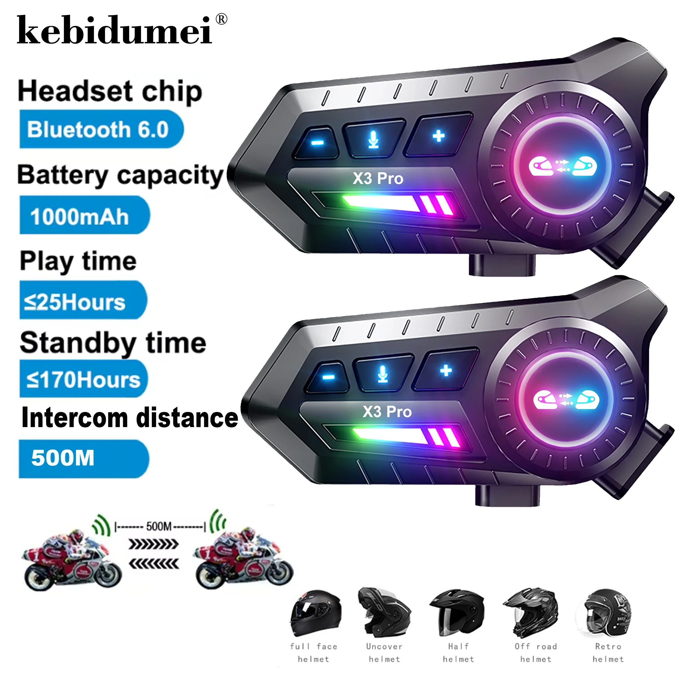 

X3 Pro 1/2 Pcs Motorcycle Bluetooth 6.0 Intercom 500M Wireless 1000mAh Walkie Talkie Helmet Headset with FM Radio Music Sharing