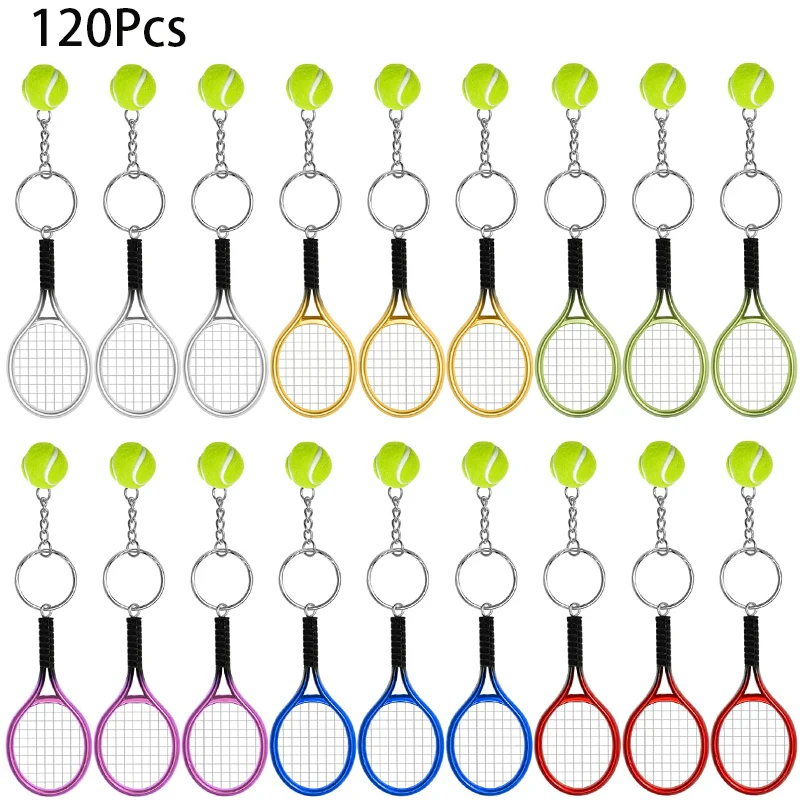 

120Pcs Mini Tennis Racket Keychain Key Ring Tennis Ball Ring