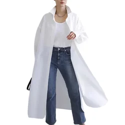 Solid White Cotton-blended Shirt Top Lapel Collar Long Sleeve Outerwear 2024 Summer Casual Thin Trench Coats for Women