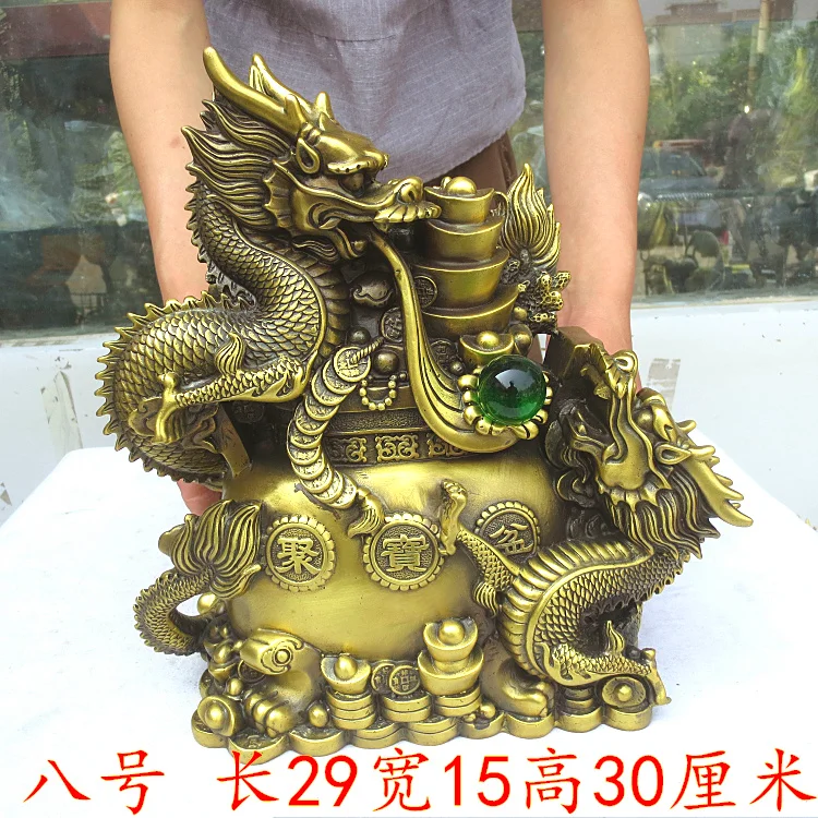 LARGE HOME office SHOP Business ART thriving  wealth GOOD LUCK Mascot # Double dragons GOD FENG SHUI Brass statue