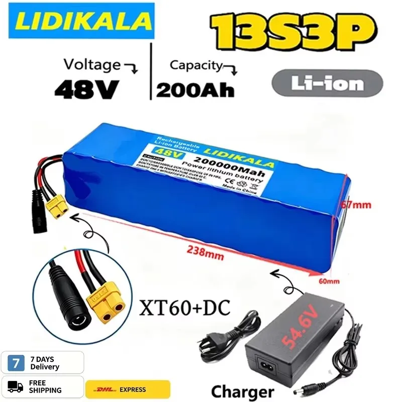 LIDIKALA Hochleistungs-48V-200Ah-13S3P-Li-Ionen-Akku mit integriertem BMS, lange Lebensdauer, E-Bike-Akku, unterstützt 500W bis 2000W Motor, geeignet für Umrüstsätze für städtische Elektrofahrräder.