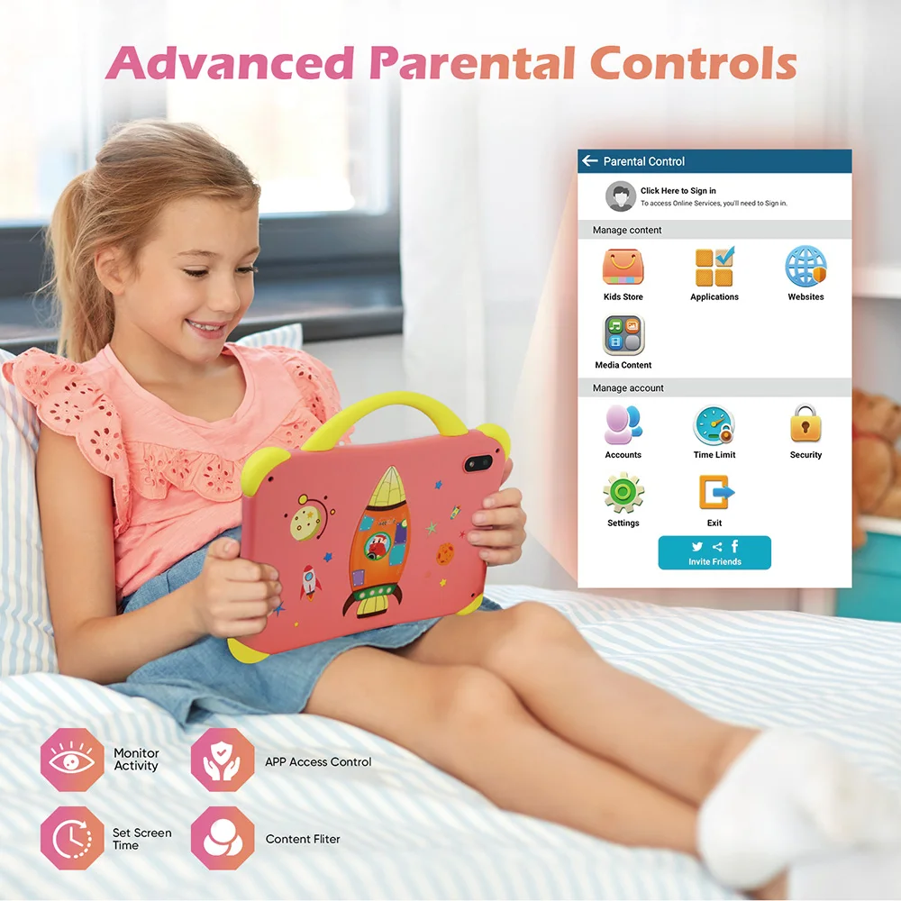 Tableta para niños weelikeit, tableta de 7 pulgadas para niños, 8 GB de RAM, 64 GB de ROM, tableta Android 14 para niños pequeños con Bluetooth, WiFi, cámara dual, tableta para niños con control parental, aplicación ed