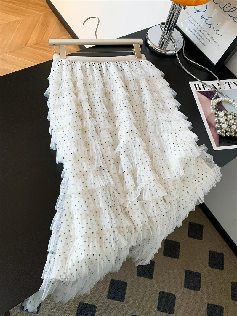 

Нежная длинная юбка из тюля с кружевной отделкой и узором в горошек, удобная юбка-тортик с высокой талией для женщин