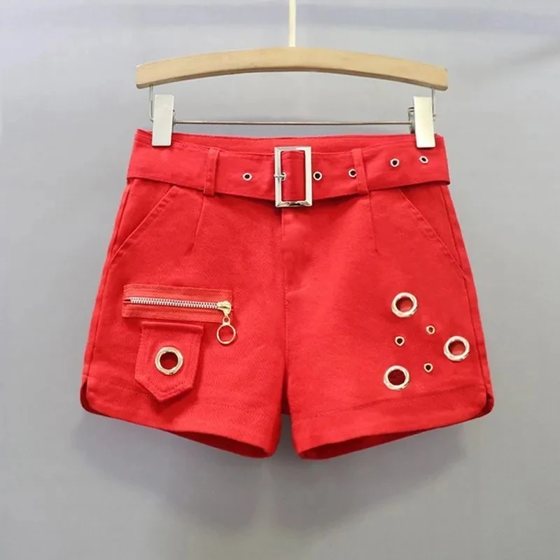 Red Stretch Shorts Women's Streetwear 2026 Summer New Korean version Slim Sexy Exterior Hot pants Female Solid Casual Shorts