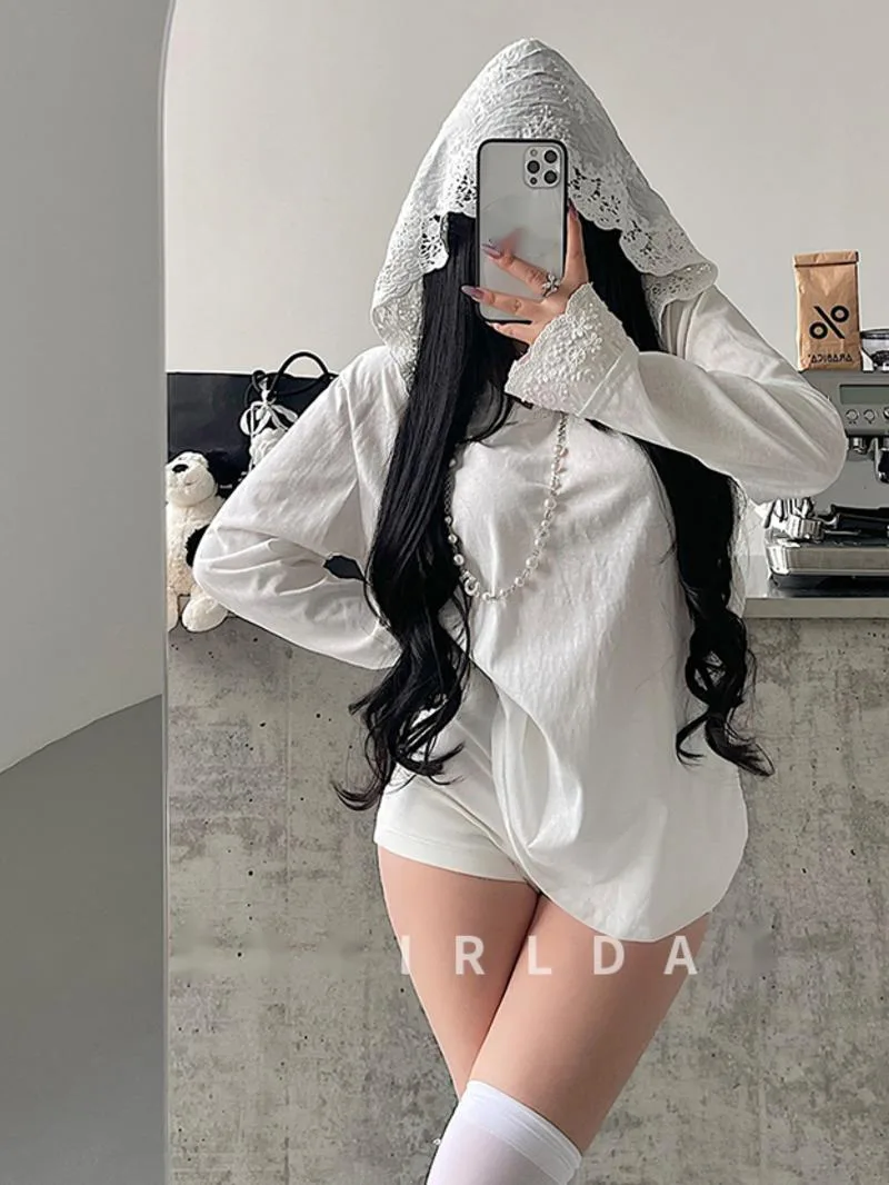 Pure Desire Lace Splicing Hoodie Loose Slim Long Sleeve T-shirt Top For Women Dress Elegant Fashion Sweet Women Tops 0XLW