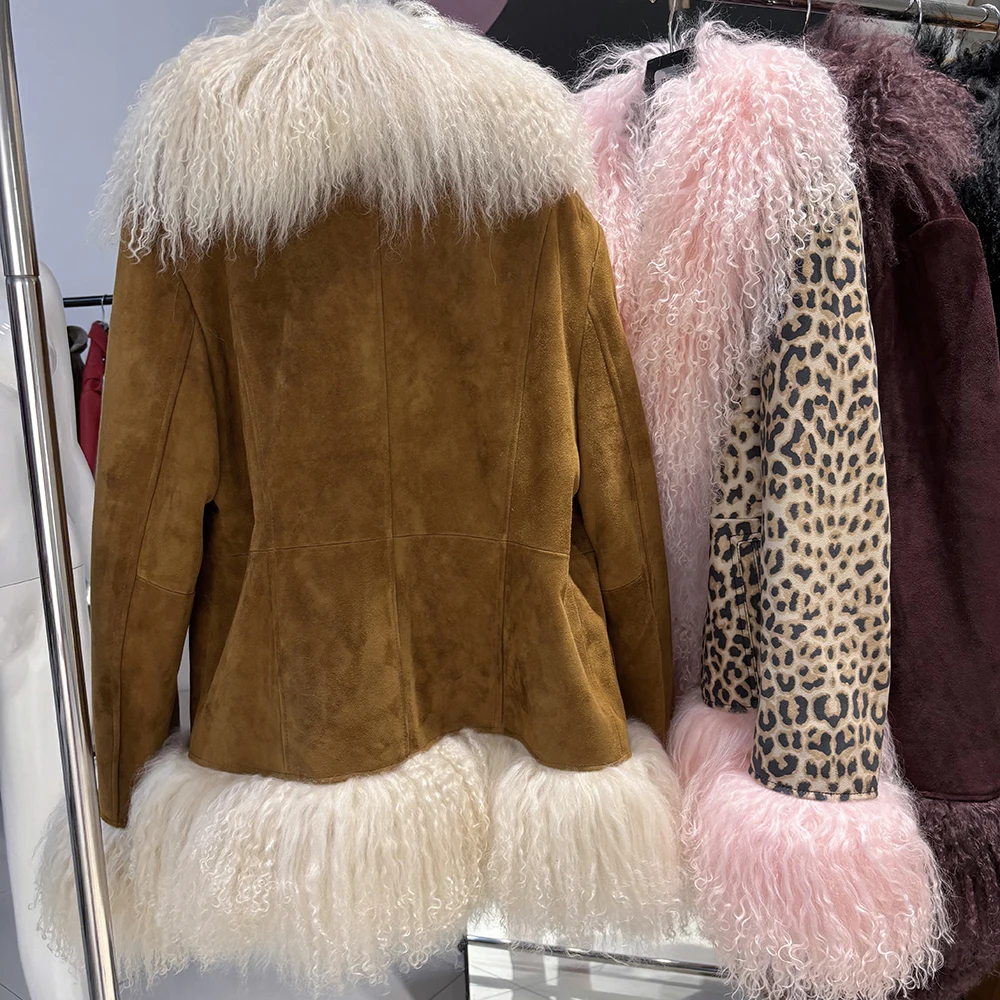 YOLOAgain Real Mongolia Sheep Fur Collar Real Leather Jacket Coat Women