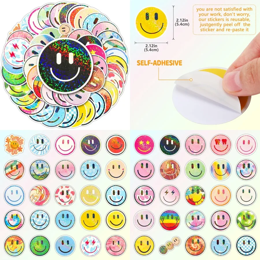 

50PCS Smiling Glitter Stickers Cute Water Bottle Stickers for Ideal for Teaching Rewards Notebooks Stationery Luggage Cartoon P