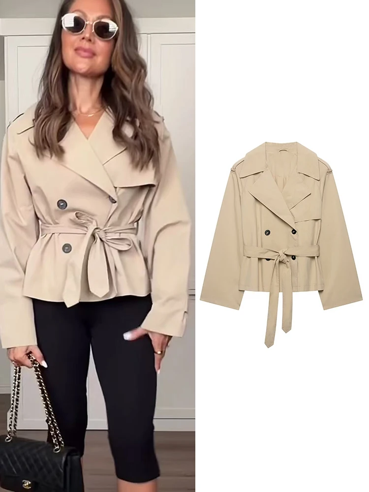 TFMLN Women Cropped Trench Coat Double Breasted Belted Short Jacket Lapel Collar Casual Windbreaker Classic Outerwear New