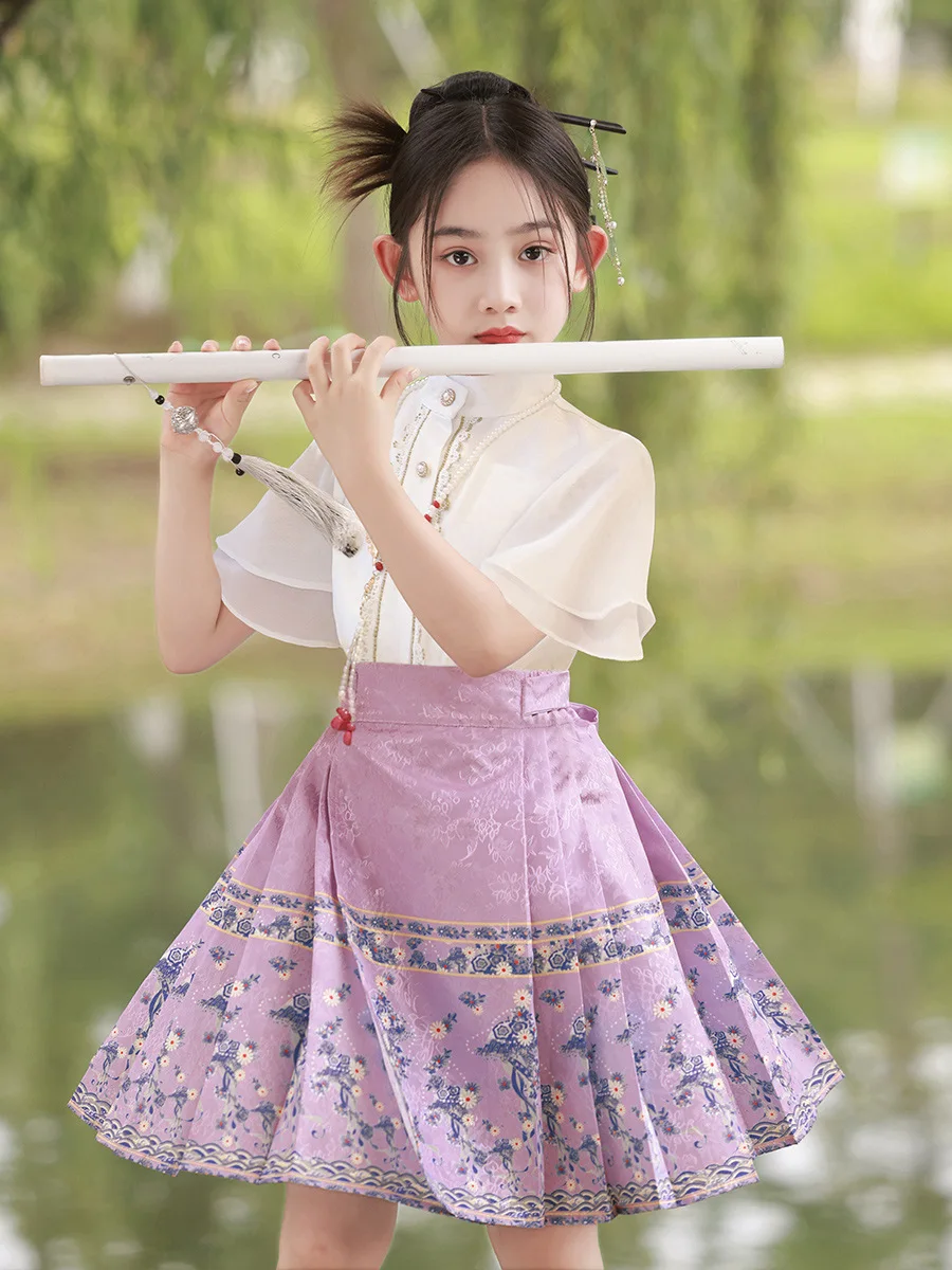 Girls New Chinese Style Horse Face Skirt Kids Daily Children Tang Suit Short Hanfu Set Ancient Perform Dress Skirt Children