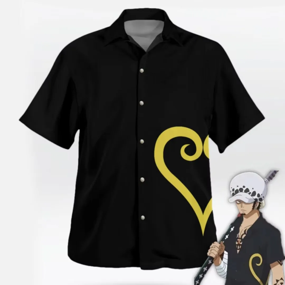 One Piece Trafalgar Law Zou Arc Cosplay bedrucktes Hemd für Kinder und Erwachsene, Sommer, kurzärmelig, locker geschnitten, lässiges T-Shirt mit Knöpfen