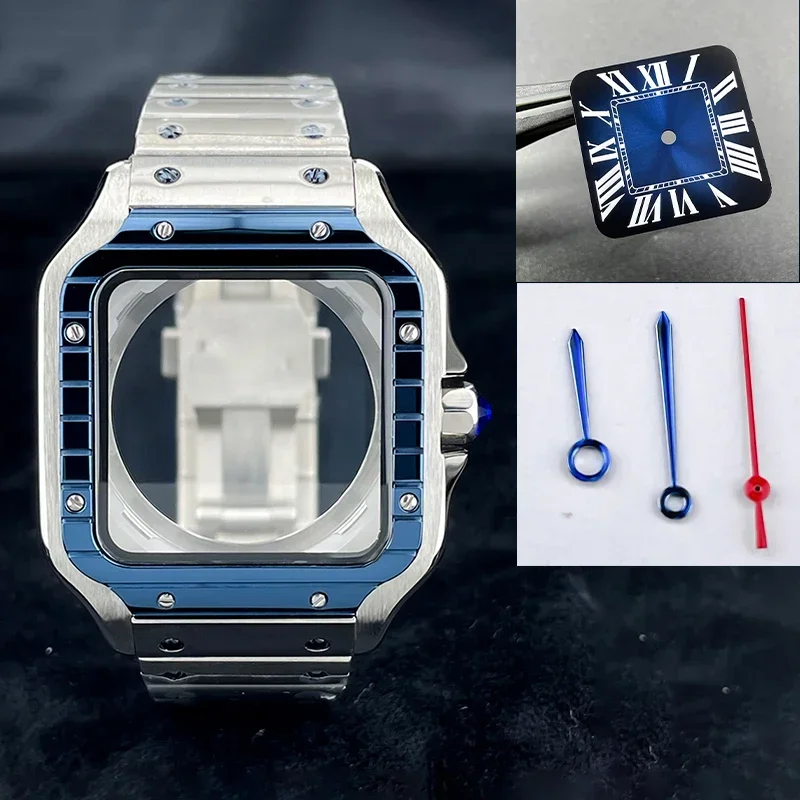 38mm Square Watch Case NH35 Case Dblue Dial Hand Stainless Steel Repair and Modification Parts for NH36 NH35 Movement Watch Case