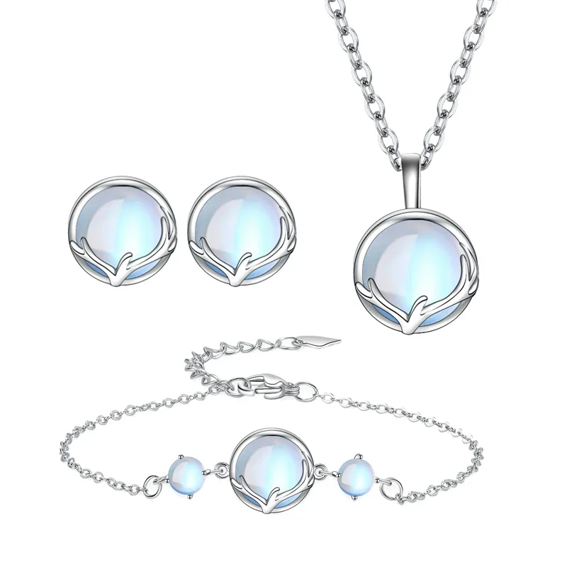 Solid 925 Sterling Silver Earrings, Antler Bracelets & Opal Necklace Set