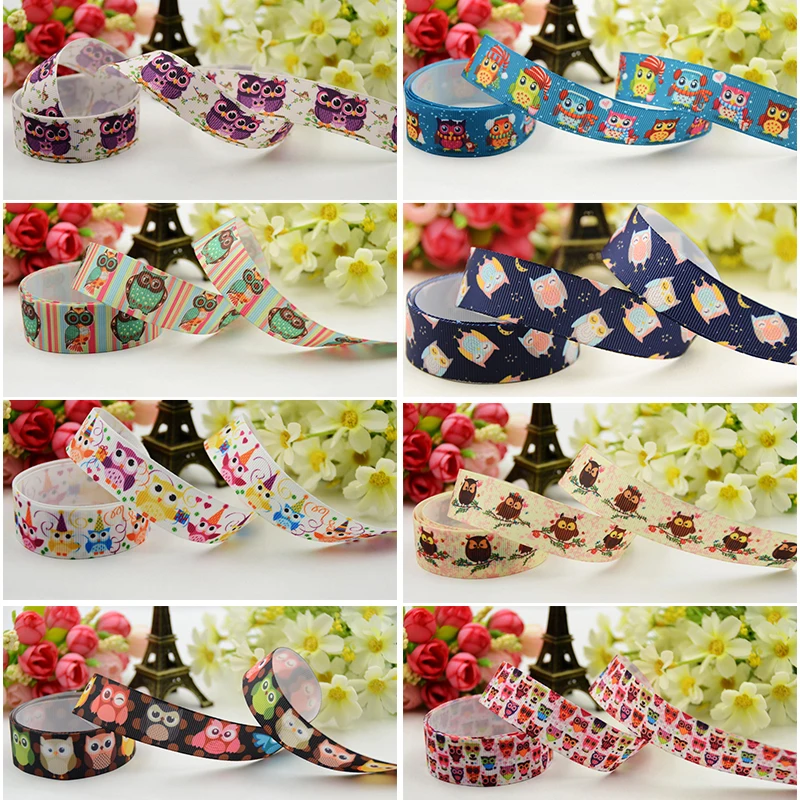 

16mm 22mm 25mm 38mm 50mm 75mm Ruban OWL Cartoon printed Grosgrain Ribbon DIY Hair Bows Accessories Party Decoration 50 Yards