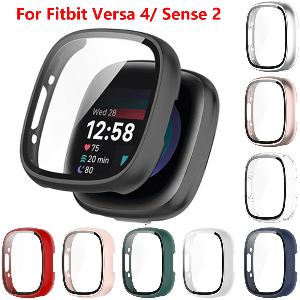 Glass+Case for Fitbit Versa Versa 4 Watch Protective Bumper Hard PC Shell HD Screen Protector for Fitbit Sense 2 Watch Cover