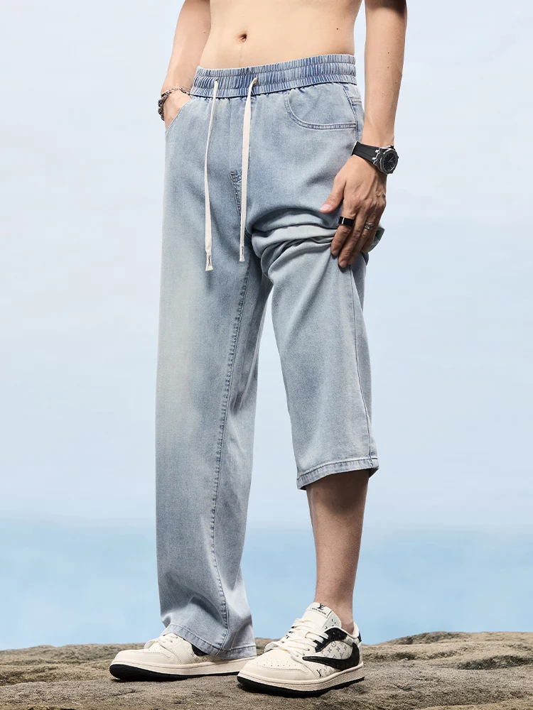 الربيع الصيف رقيقة فضفاض الجينز الرجال ليوسيل النسيج تنفس موضة مستقيم السراويل واسعة الذكور تمتد الكورية سراويل جينز #2