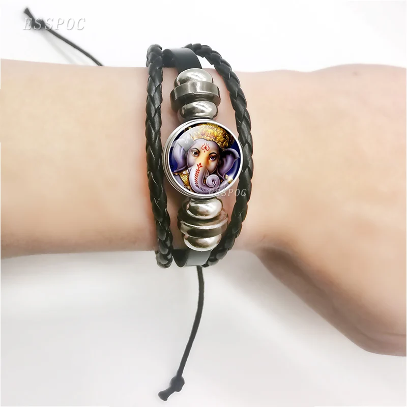 Ganesha Black Leather Bracelet Ganesh Glass Cabochon Snap Button Multi-layer Bracelet Bangle Hinduism Lord Amulet Jewelry Gift