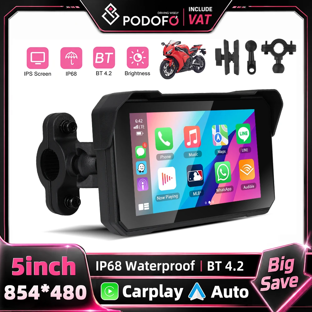 Podofo Lecteur multimédia intelligent pour moto avec écran tactile IPS de 5 pouces, étanche IP68, GPS portable, Carplay sans fil, Android Auto, Bluetooth, appareil audio pour moto