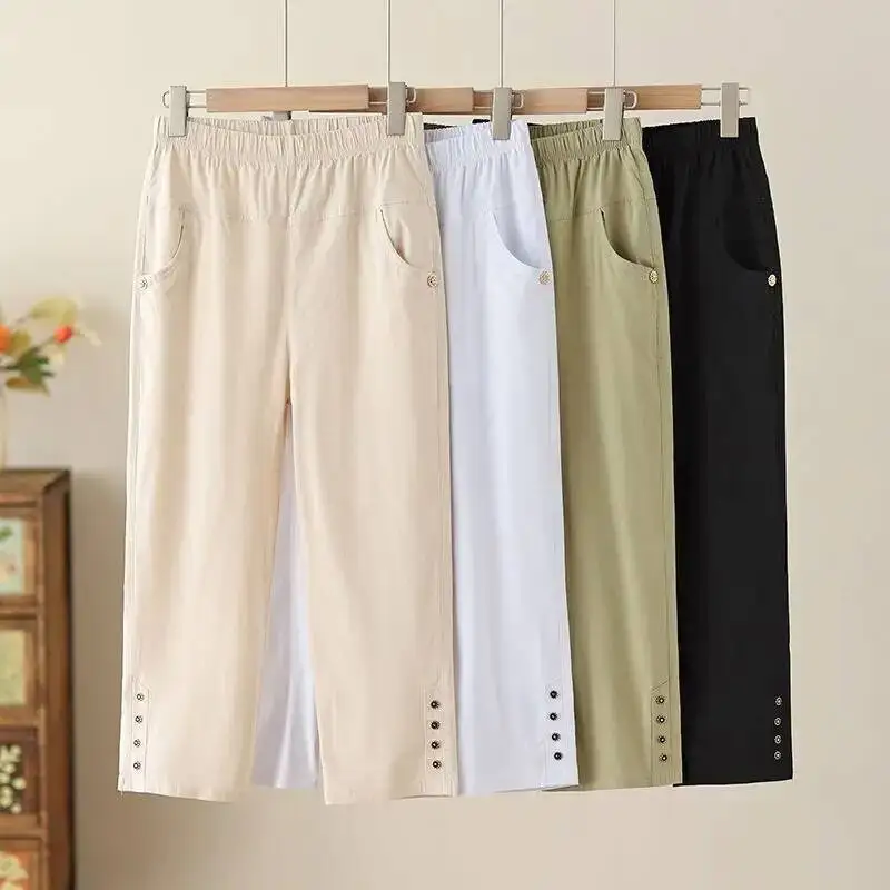 

Casual Capris Pants For Middle-aged And Elderly Women High Waist Loose Pants Summer Office Lady Straight Pants Black White