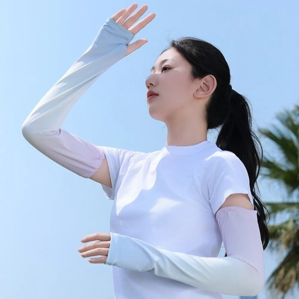 

Cute Pulling Rope Ice Silk Arm Sleeves Gradient Color Flared Sunscreen Arm Sleeves Thin UV Protection Cycling Arm Cover Ladies