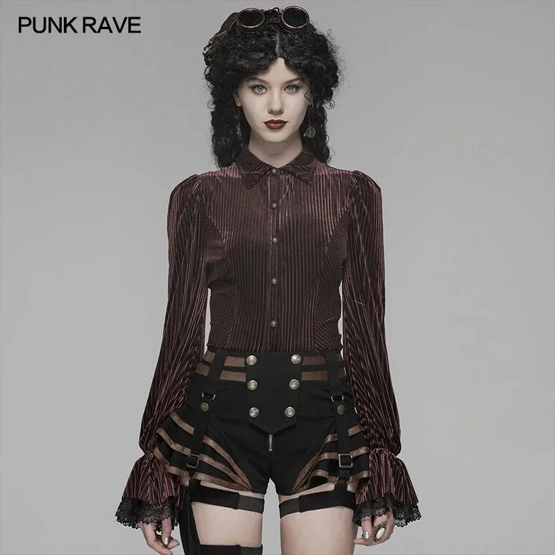 PUNK RAVE Women\'s Gothic Dark-Grain Velvet Elastic Long Sleeve Fashion Shirt Party Club Female Tops Shirts Blouse