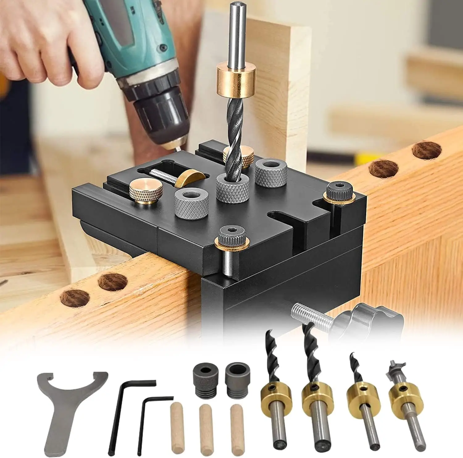 Mini Drilling Jigs, 6/8/10/15mm 3 in 1 Pocket Hole Jig Kit with Positioning Clip Adjustable Drill Guide Puncher Locator