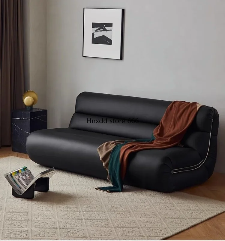 French retro ramen sofa black leather small apartment