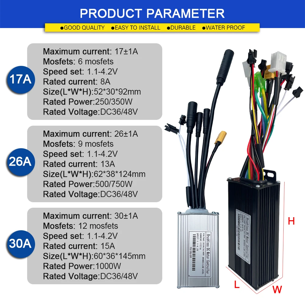 Ebike Sine Wave Controller 36V/48V 17A 26A 30A Three-Mode Controller with Learning Function Electric Bike Scooter Accessorice