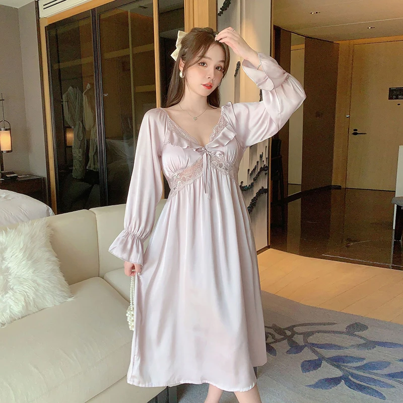 Women\'s Nightdress Autumn Long Sleeve Sleepwear Satin Palace Style Homewear Ladies Silky Lace Nightgown Nightwear with Chest Pad