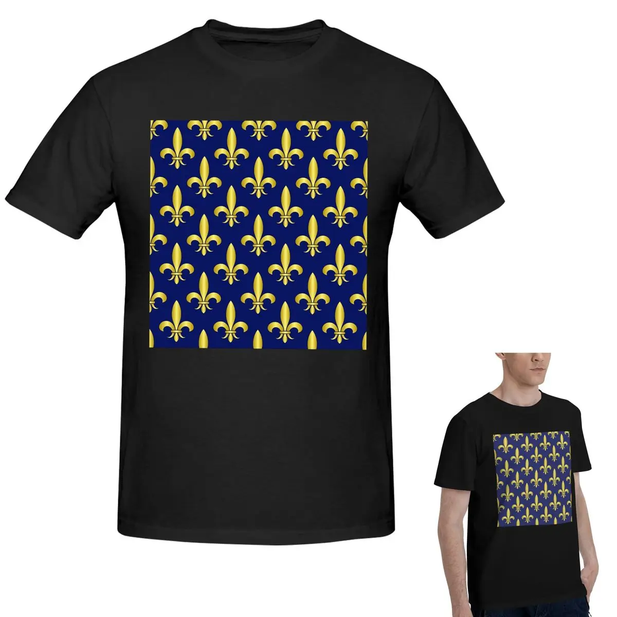 

100% Cotton Gold Blue Fleur De Lis Royal Lily T-Shirt Men's Classic Oversized T Shirt Men Crew Neck Summer Shirts Tops S-6XL