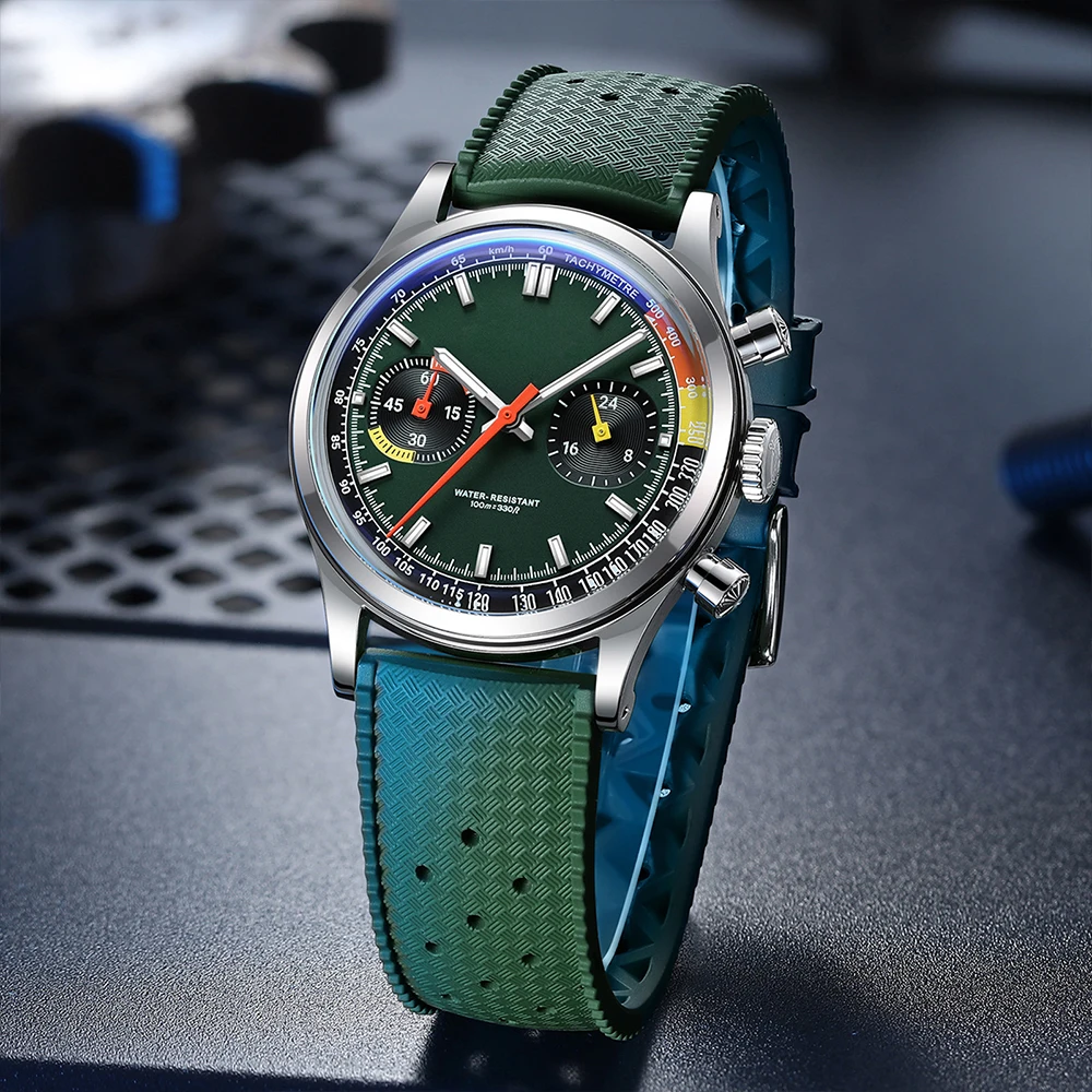 ADDIESDIVE Custom Logo VK64 Herrenuhr AD2529 Chronograph Quarzuhr 38mm Fluorkautschuk-Armband BGW9 Leuchtend 100m Wasserdicht