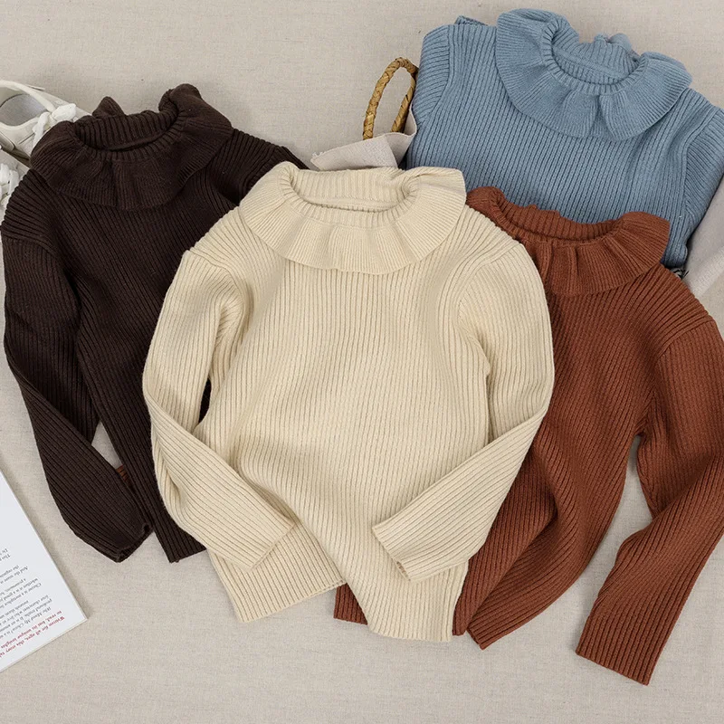 

New Winter Kids Baby Girls Sweater Ruffle Collar Thicken Warm Solid Toddler Girls Knitwear Versatile Infant Girls Pullovers