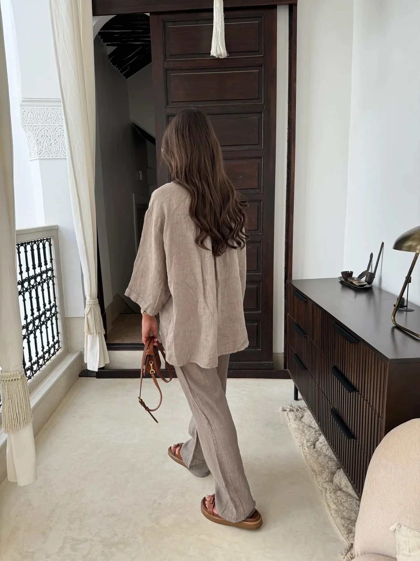 Summer Casual Cotton Linen Shirt Two Piece Set Women Fashion Solid Loose Button Pocket Shirt Wide Leg Pants Two Piece Set Women