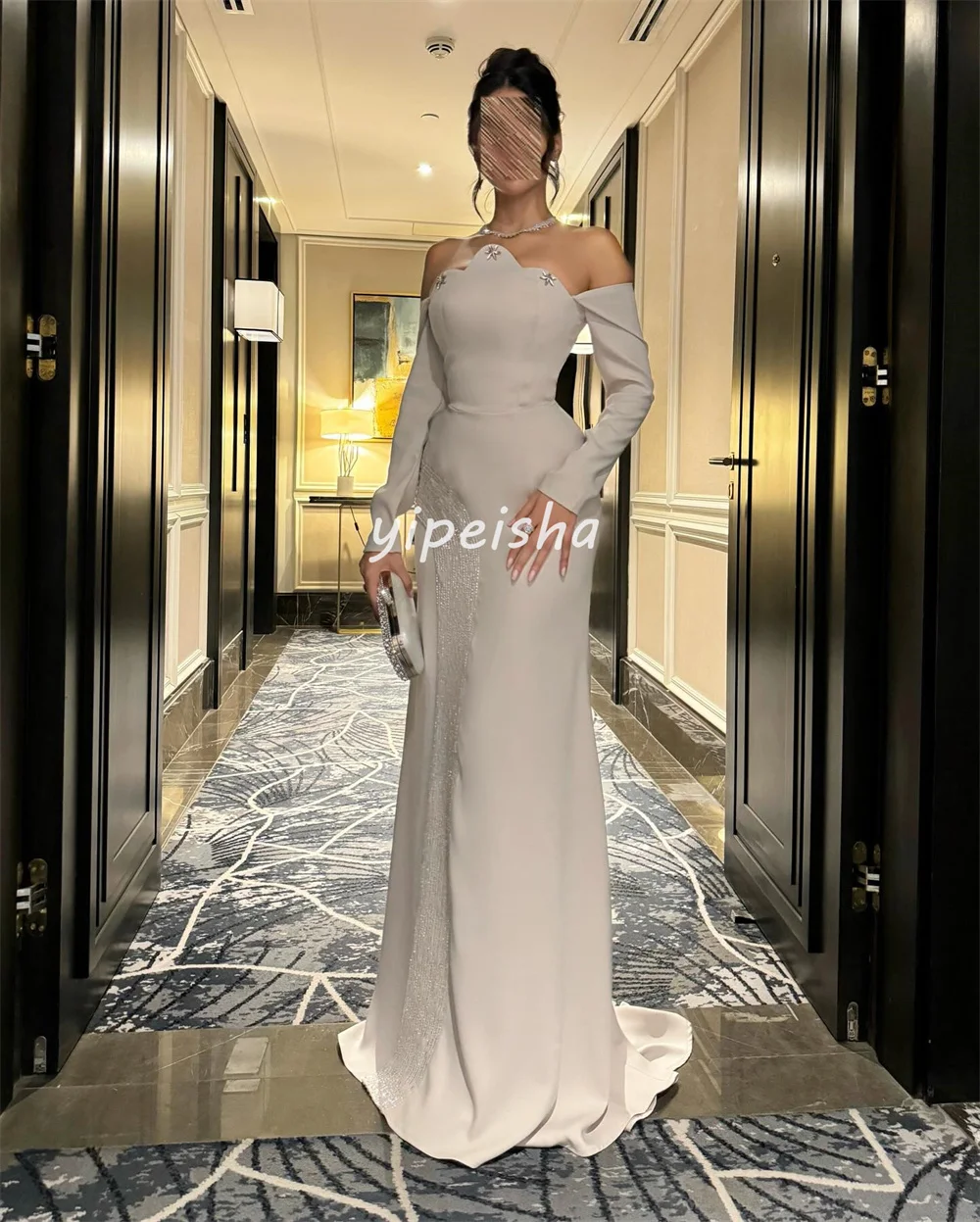 Customized Formal Modern Style Jersey Rhinestone Sequined A-line Off-the-shoulder Long Dresses Bespoke Occasion Dresses Elegant