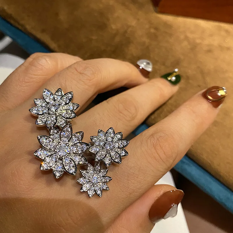 

Luxury Designer Flower Shape Shiny Cubic Zircon Rings for Women Open Adjustable Finger Ring Bridal Wedding Party Jewelry Anillos
