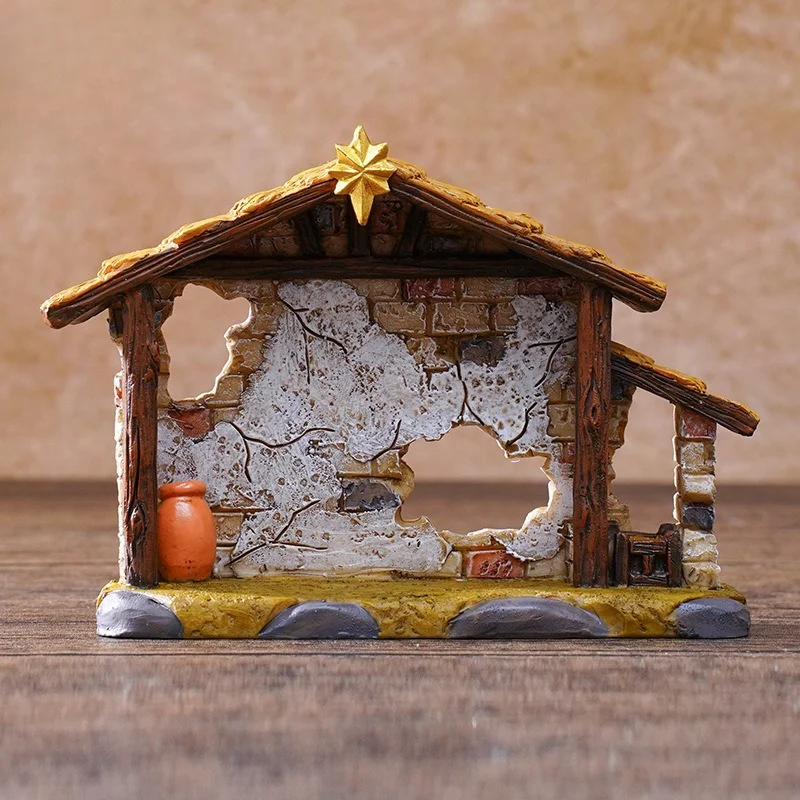 8.5cm Christmas Nativity Stable Set with House, Large Resin Craft Ornament with Gift Box for Home Decor, New