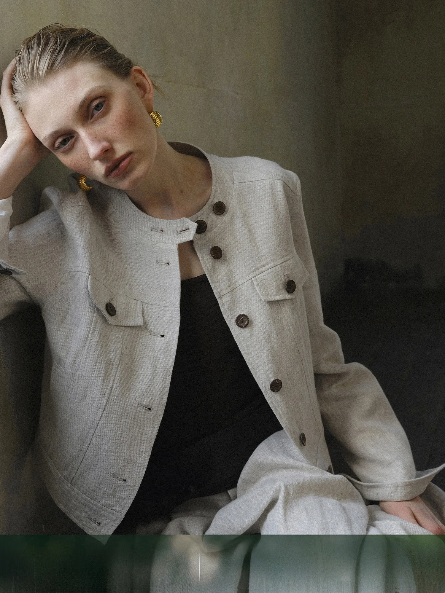 

Mogas Pure Linen round Neck Short Jacket Wide Leg Pants Real Leather Waist Seal Women's Casual Style Fashion Set