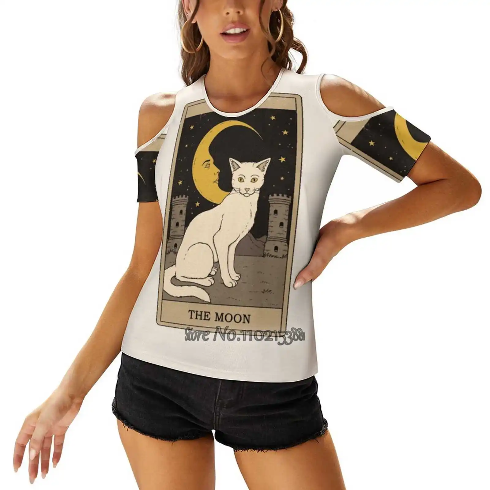 The Moon Women T-Shirt One Shoulder Lacing Top Sexy T Shirts Hollow Out Tops Tees Cat Cats Pet Kitten Kitty Tarot Magical Spell