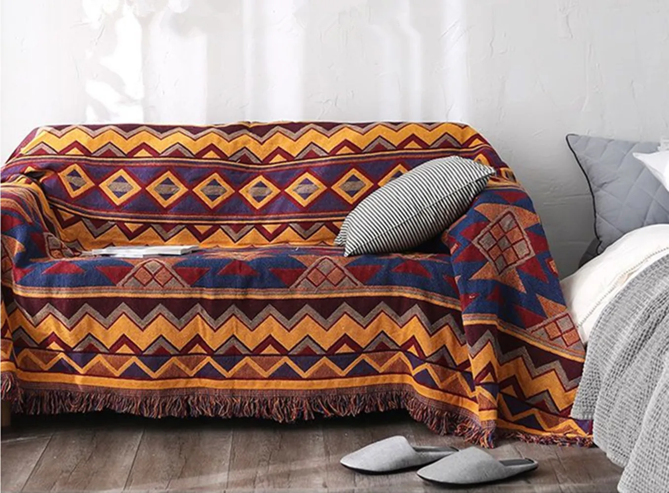 Retro Boho Cotton Knitted Blanket Cover With Tassels Plaid Throw Blanket Sofa Cover Leisure Bed Blanket Bedspread