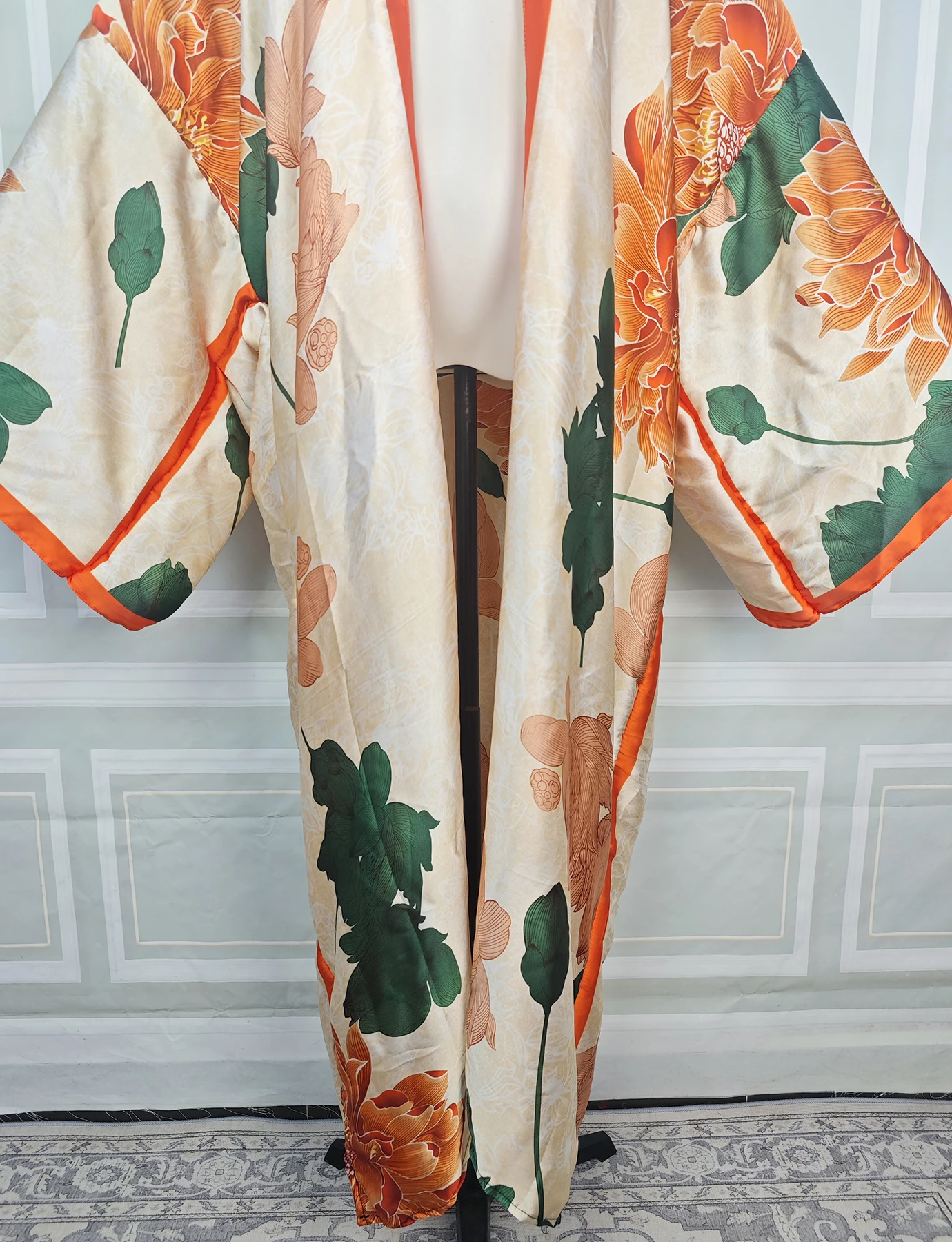 Summer Vacation Women Beach Bikini Cover Up Plus size Crew Neck Open Front Long Sleeve Cardigans Kimonos Muslim Loose  Robe view 5