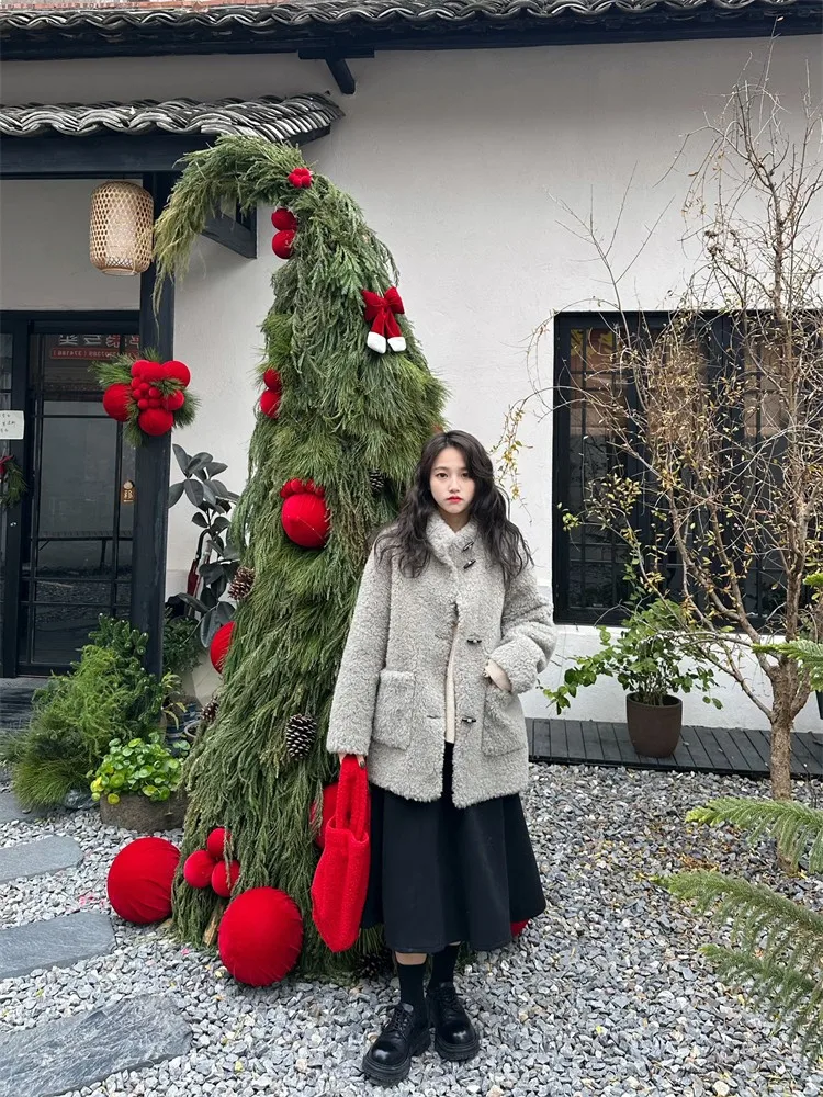 울 혼방 가죽 재킷 여성용 겨울 루즈핏 중간 길이 작은 칼라 버튼 코트 통근용 스타일리시 의상