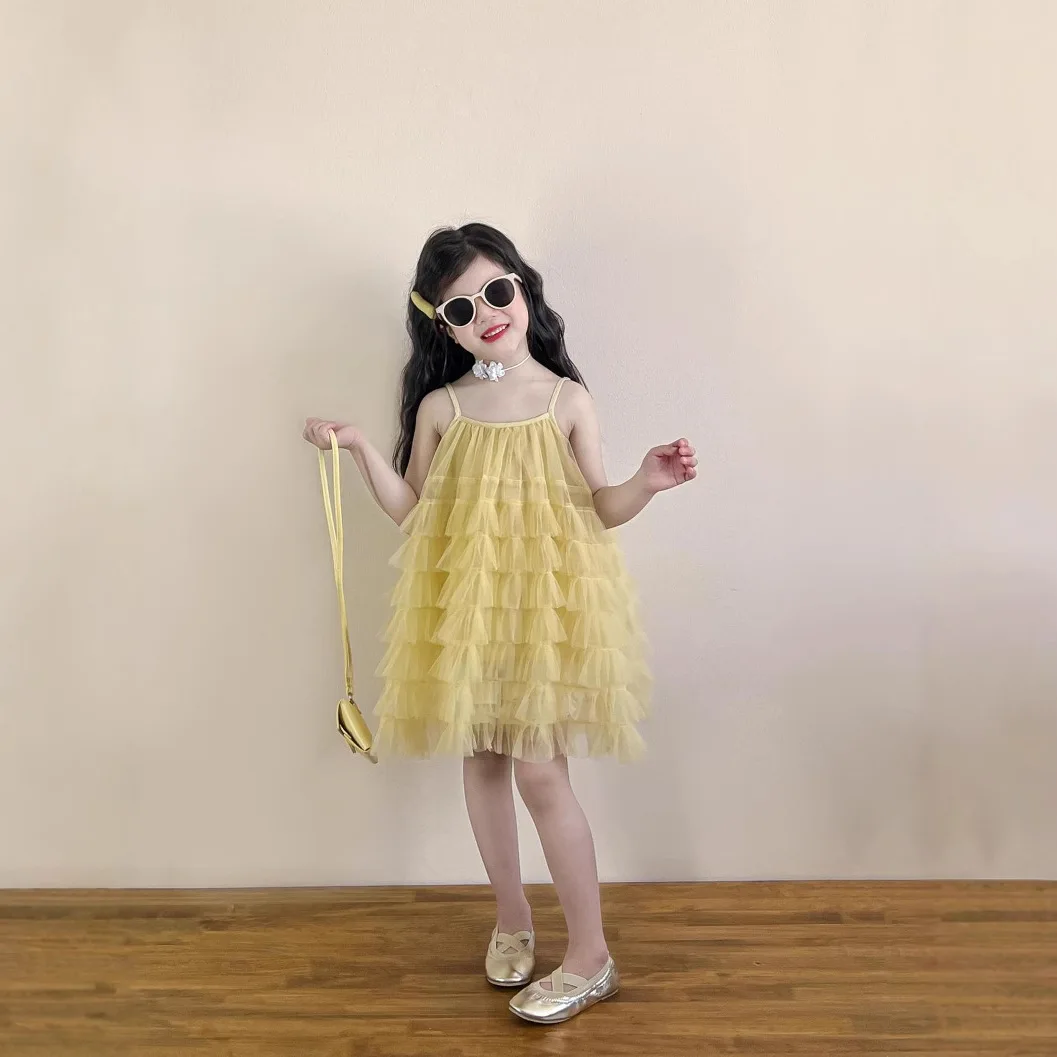 Girls Summer Sweet Wind Yellow Cake Suspender Dress Puffy Gauze Skirt Wavy Lace Shorts Single Casual