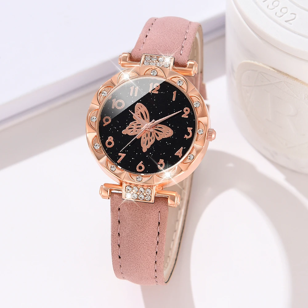 6PCS/Set Women\'s Elegant Butterfly Quartz Watch PU Leather Wrist Watch Arabic Numeral Surface & Pearl Jewelry Set