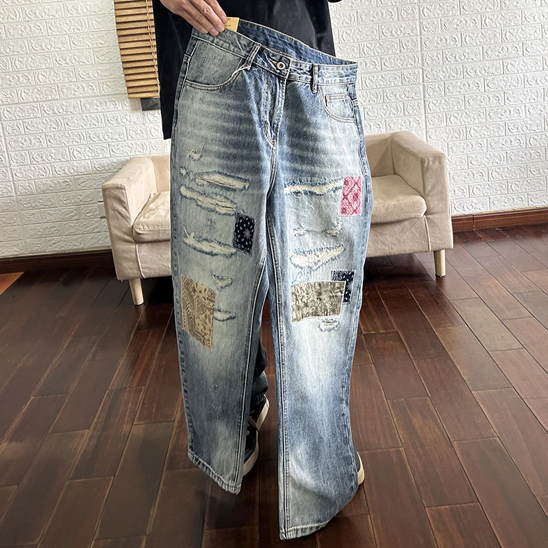 

vintage patch wash wash old ground white ground edge torn spring and autumn men's straight leg jeans
